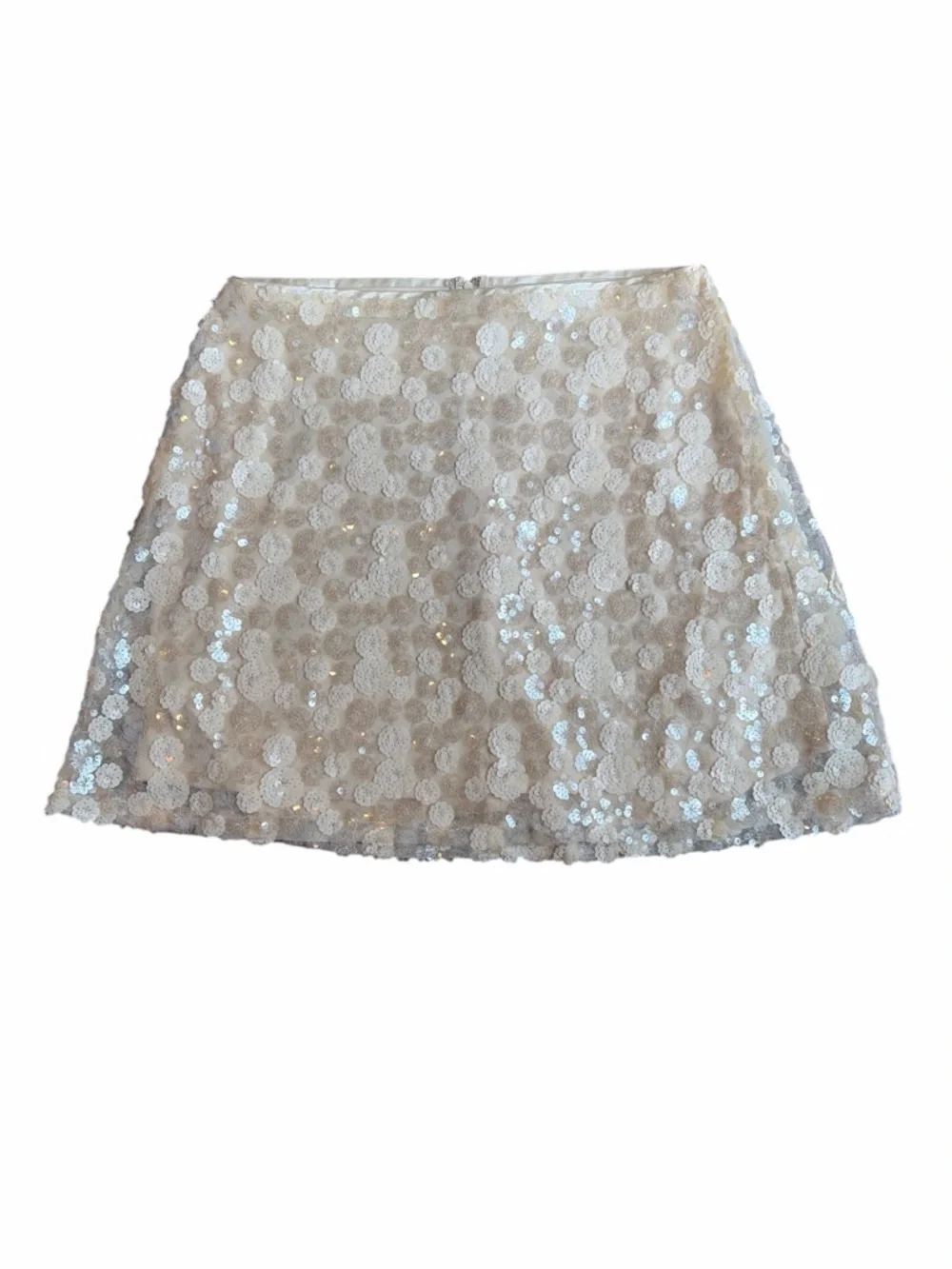 Francesca’s Floral Sequin Mini Skirt M Champagne Ivory Bridal Bachelorette NWT
